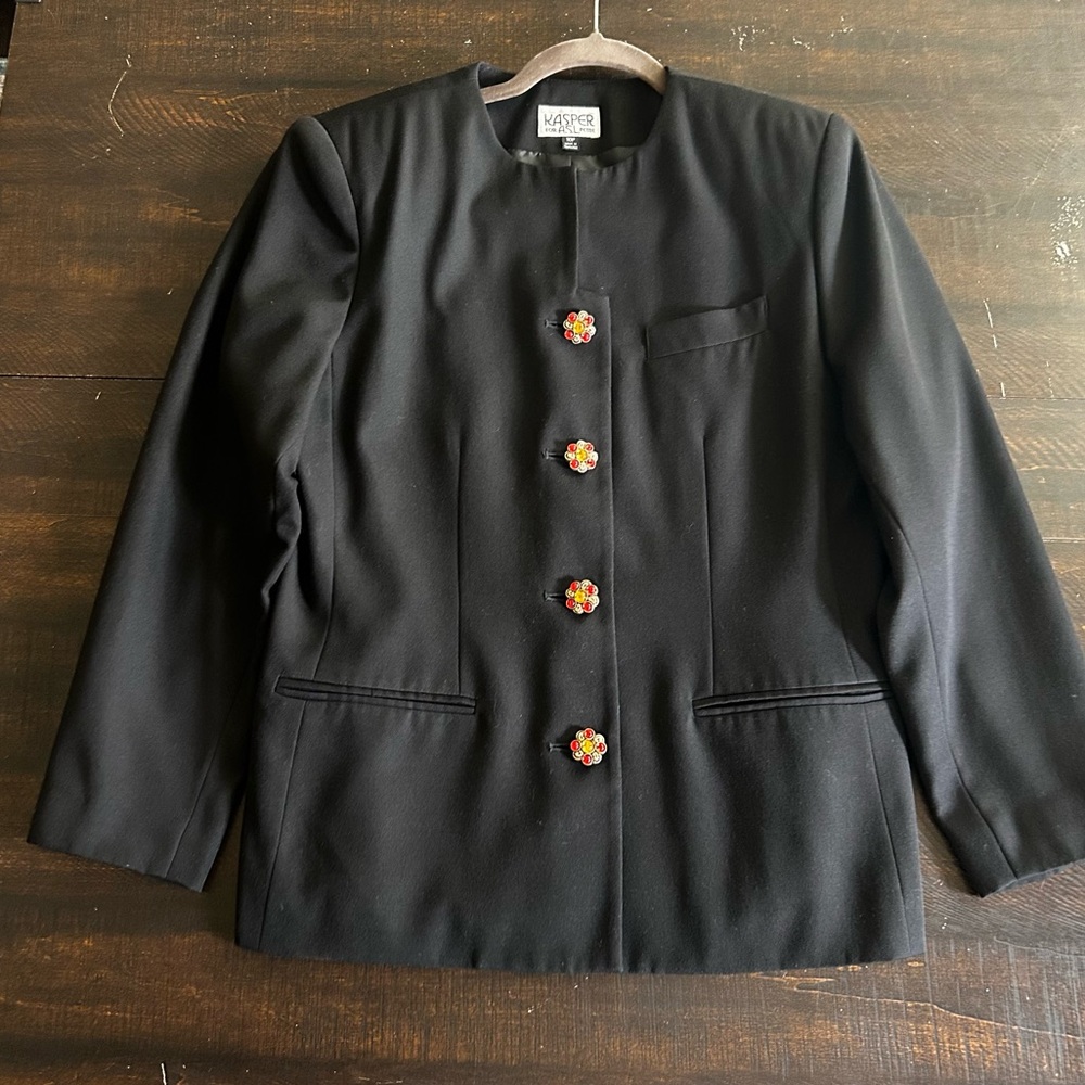 Vintage Kasper Black Mandarin Style Jacket Rhinestone Flower Buttons